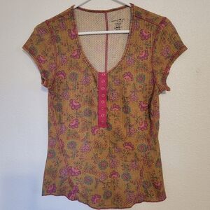 NATURAL LIFE Mustard Floral Short Sleeve Tee with Pink Trim